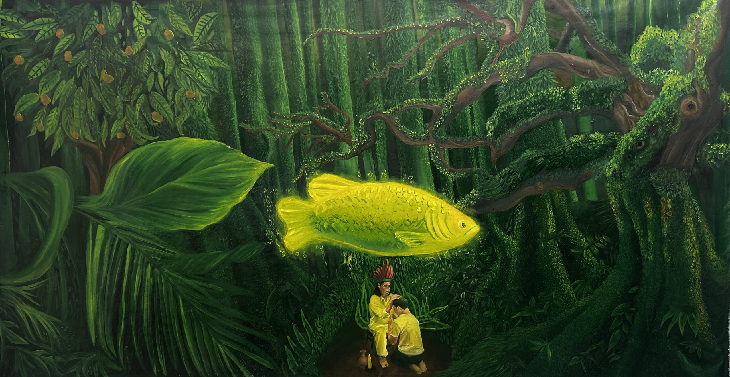 Gio Carvalho Nhanderu 2025 Tinta a o╠üleo e basta╠âo oleoso sobre tela 165 x 95 cm (com moldura)